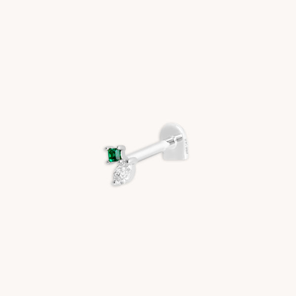 Flat Back Labret Studs - Diamond & Emerald Pear Piercing Stud in Solid White Gold - Piercing Stud - Astrid &amp; Miyu