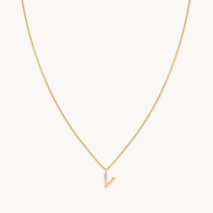 18k Gold Plated Jewellery - V Initial Pavé Pendant Necklace in Gold - Pendant Necklace - Astrid &amp; Miyu